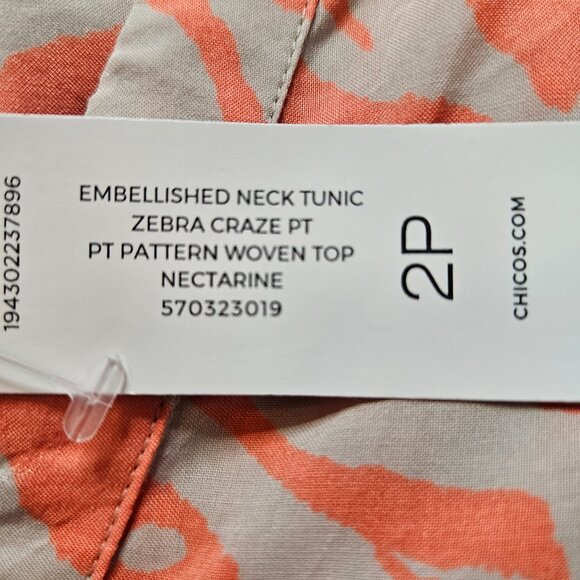 Chico's Embellished Neck Tunic Women's SZ 2P 12/14 Large Zebra Nectarine Blouse - Picture 11 of 14